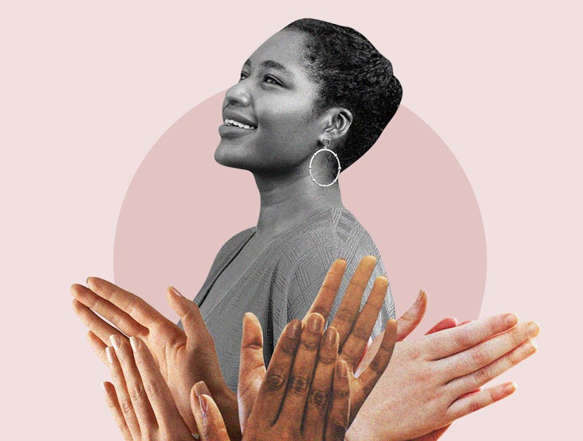 A collage with opera singer Nardus Williams and three pairs of hands applauding to her