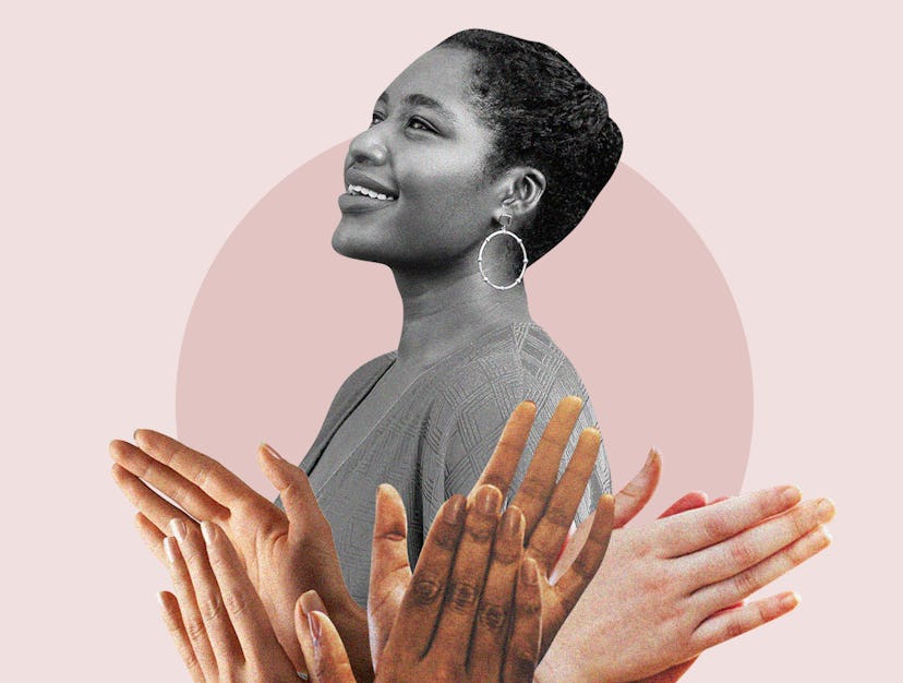 A collage with opera singer Nardus Williams and three pairs of hands applauding to her