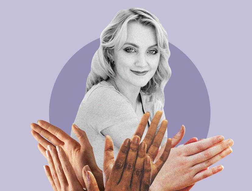 A collage photo with three pairs of hands applauding beneath the image of Evanna Lynch