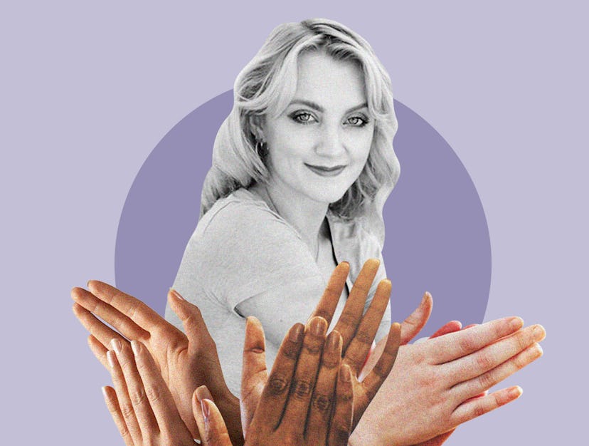 A collage photo with three pairs of hands applauding beneath the image of Evanna Lynch