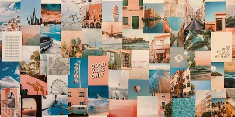 A collage of summer photos are arranged on a bedroom wall.