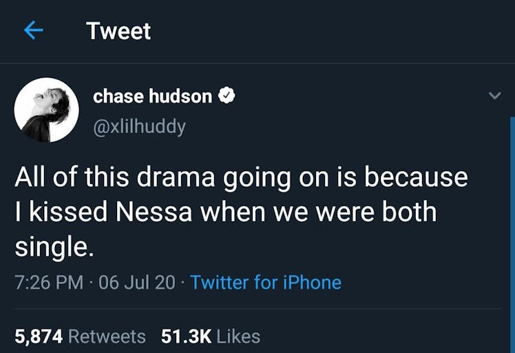 Chase Hudson's tweet about kissing Nessa Barrett