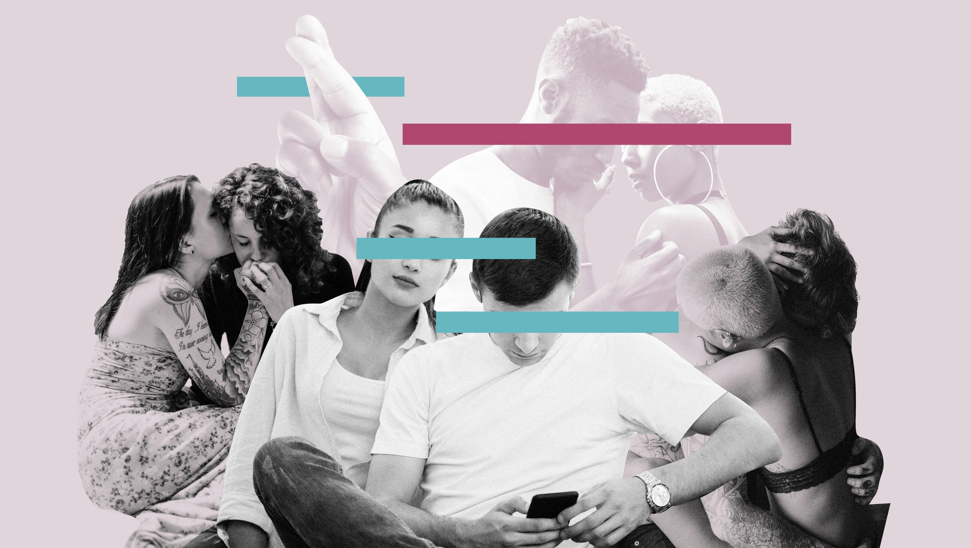 photo of woman leaning over man's shoulder while he's texting on his phone.