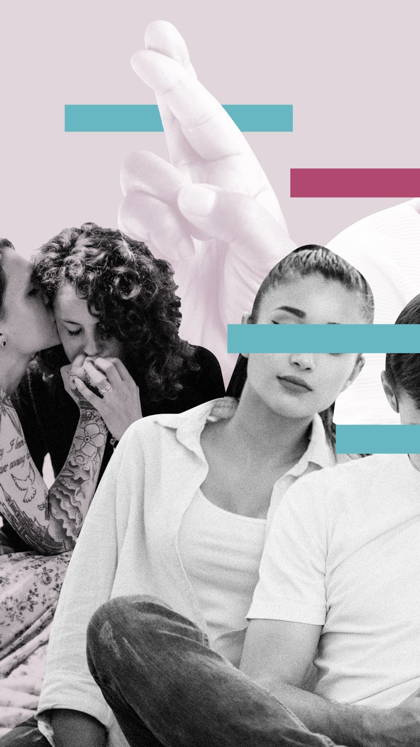 photo of woman leaning over man's shoulder while he's texting on his phone.