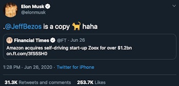 Elon Musk shares his thoughts on Amazon's purchase of Zoox.