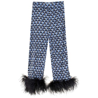 Feather-Trimmed Printed Crepe de Chine Pants