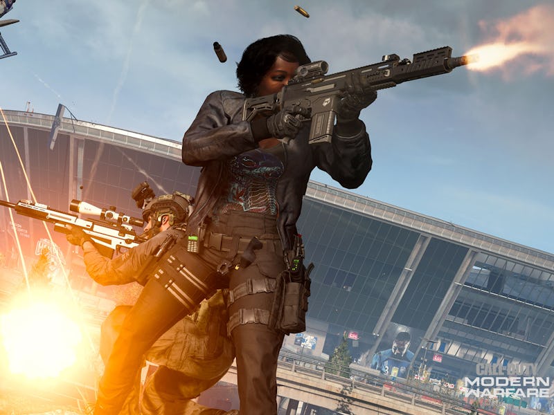 Two characters from Call of Duty: Warzone shooting from their guns