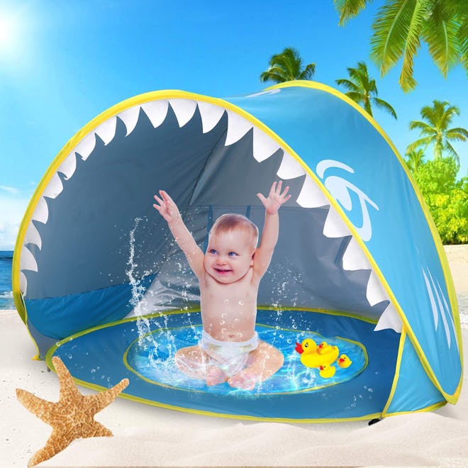 iGeeKid Baby Beach Tent Pool, Shark Pop Up Portable Sun Shelter Tent with Pool UPF 50+ UV Protection...