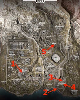 A map from Call of Duty: Warzone with 5 intel locations that can get you XP if you find them