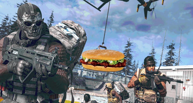 A scene from Call of Duty: Warzones 200 featuring a McRib flying over the city