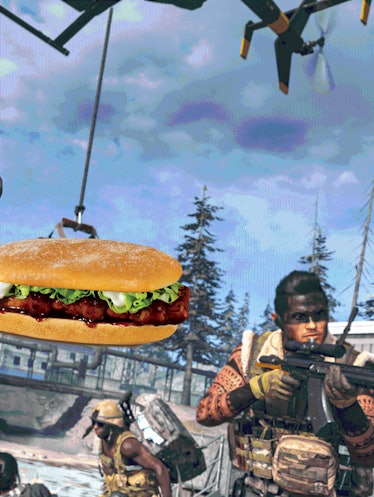 A scene from Call of Duty: Warzones 200 featuring a McRib flying over the city 