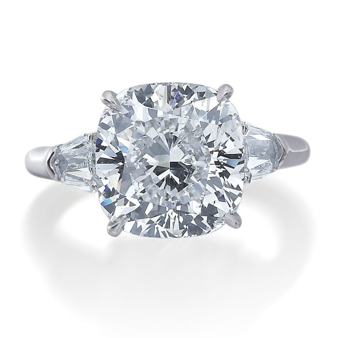 Cushion Cut Engagement Ring With Two Bullet Side Stones