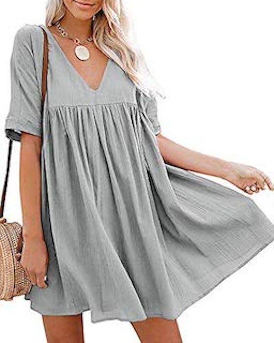 Hestenve Short Sleeve V-Neck Pleated Babydoll Tunic 