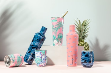 The Corkcicle x Vineyard Vines limited edition collection includes bright pink, blue, and teal color...