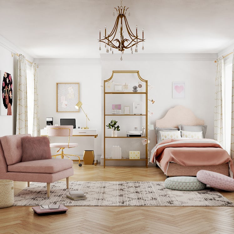A modern glam room is filled with pink plush furniture and gold accents, thanks to Bed Bath & Beyond...