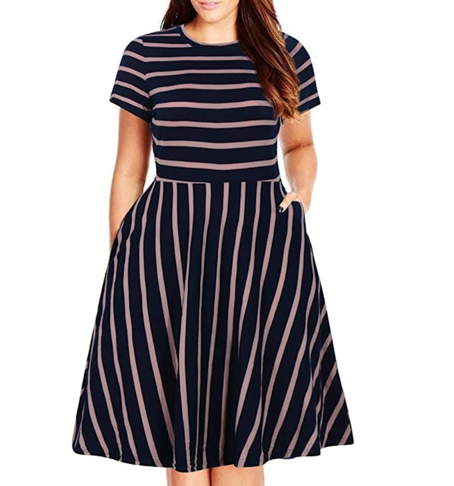 Nemidor Round Neck Plus Size Fit and Flare Midi Dress 