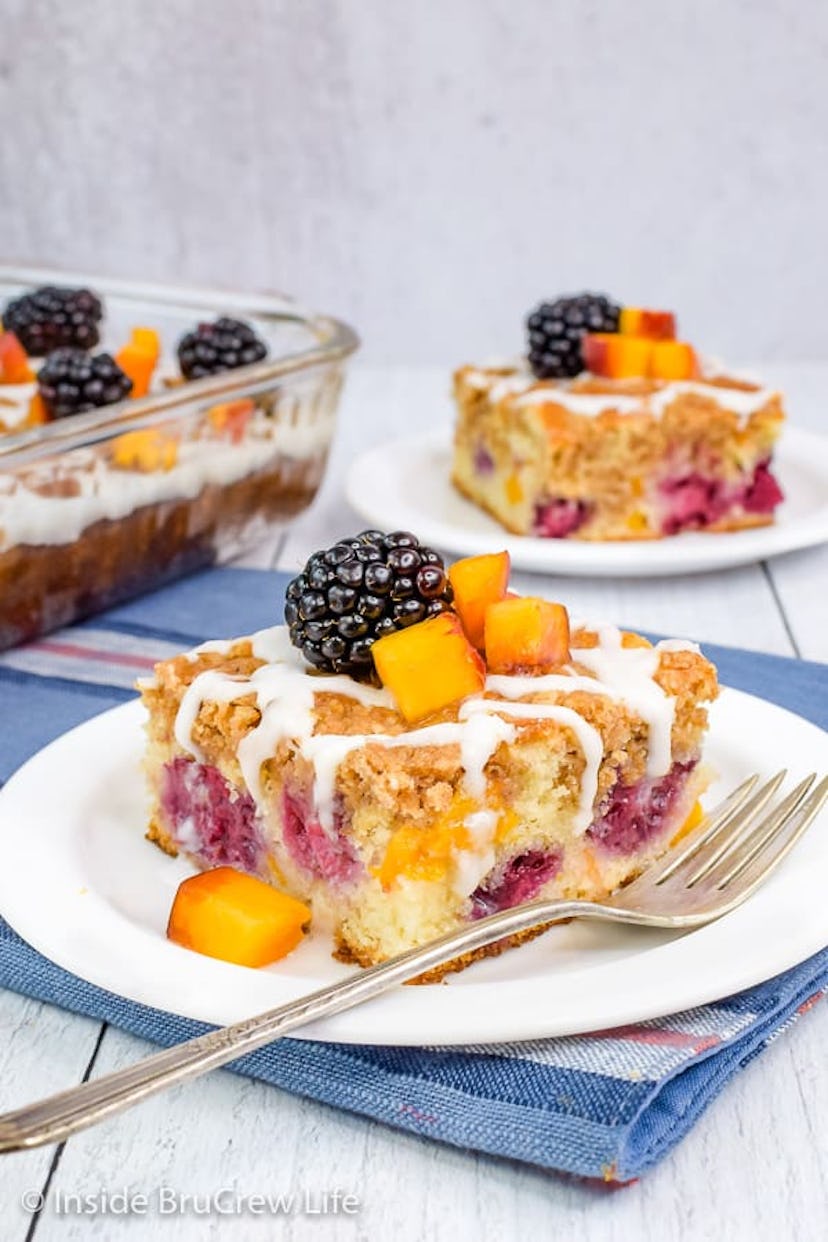 slices of peach and blackberry coffee cake