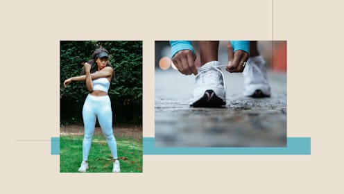Young woman ready for a run in full sports running equipment and tying her shoelaces during the pand...