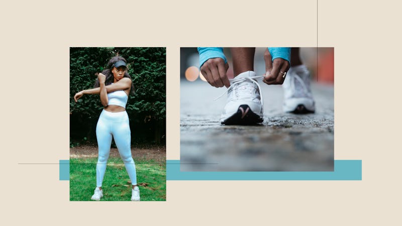 Young woman ready for a run in full sports running equipment and tying her shoelaces during the pand...