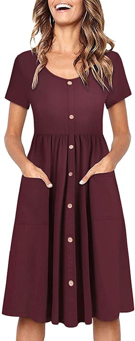OUGES V-Neck Button Down Skater Dress 