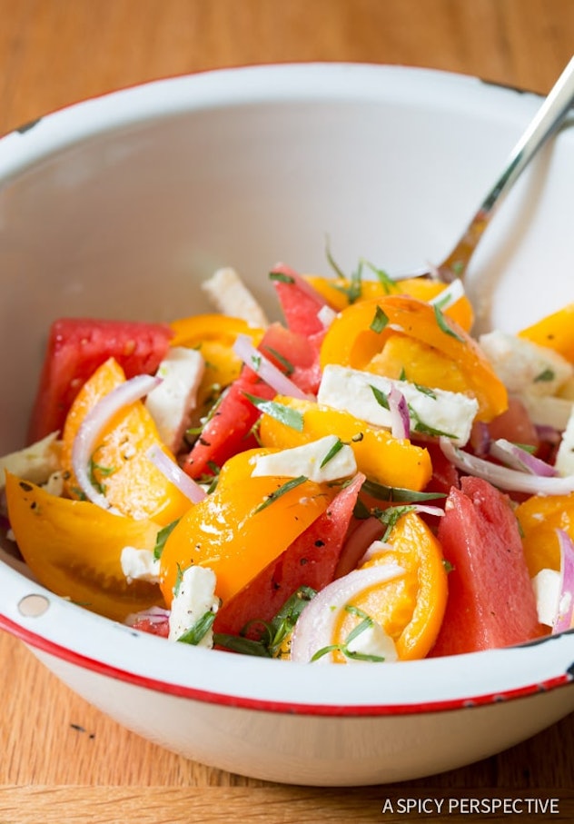 Watermelon Feta Salad with golden tomatoes and tarragon is one recipe to use up your watermelon this...