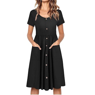 OUGES Women's V Neck Button Down Skater Dress 