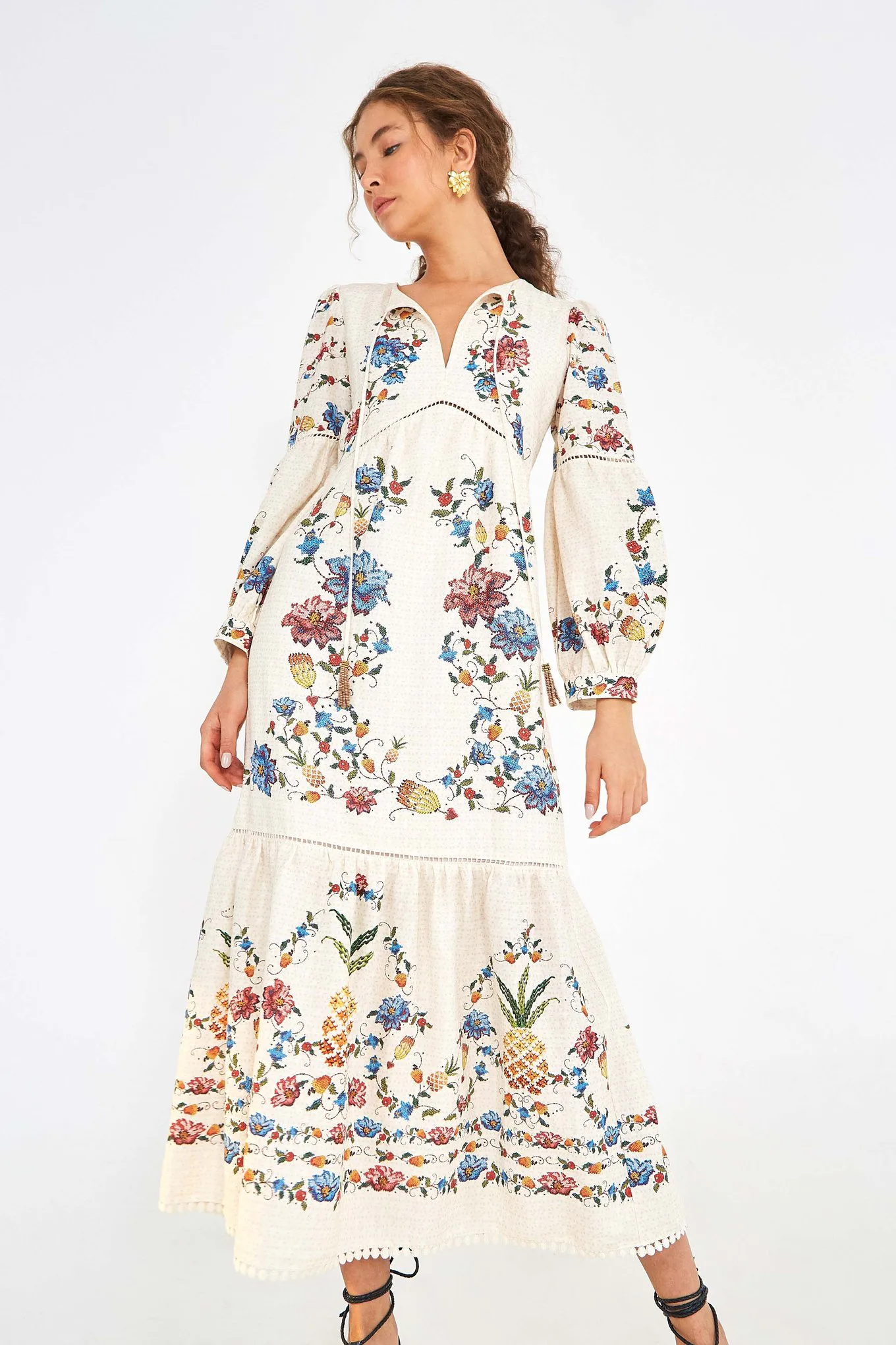 green emerald velvet dress Ivory Colorful Floral and Fruit Print Maxi Dress main image 0