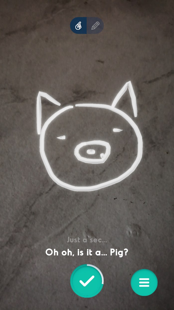 A doodle of a pig's face can be seen on a faux marble table. The caption below reads: "Oh oh, is it ...