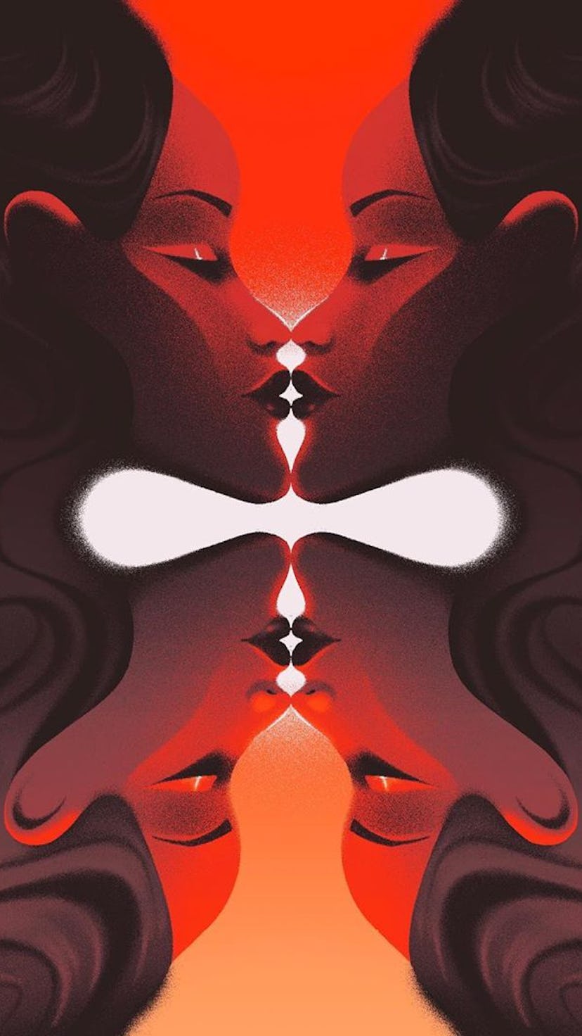 An original illustration by Simone Noronha of mirrored faces in profile.