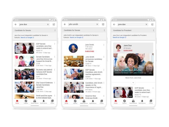 YouTube information panels surface information about political candidates in search results.