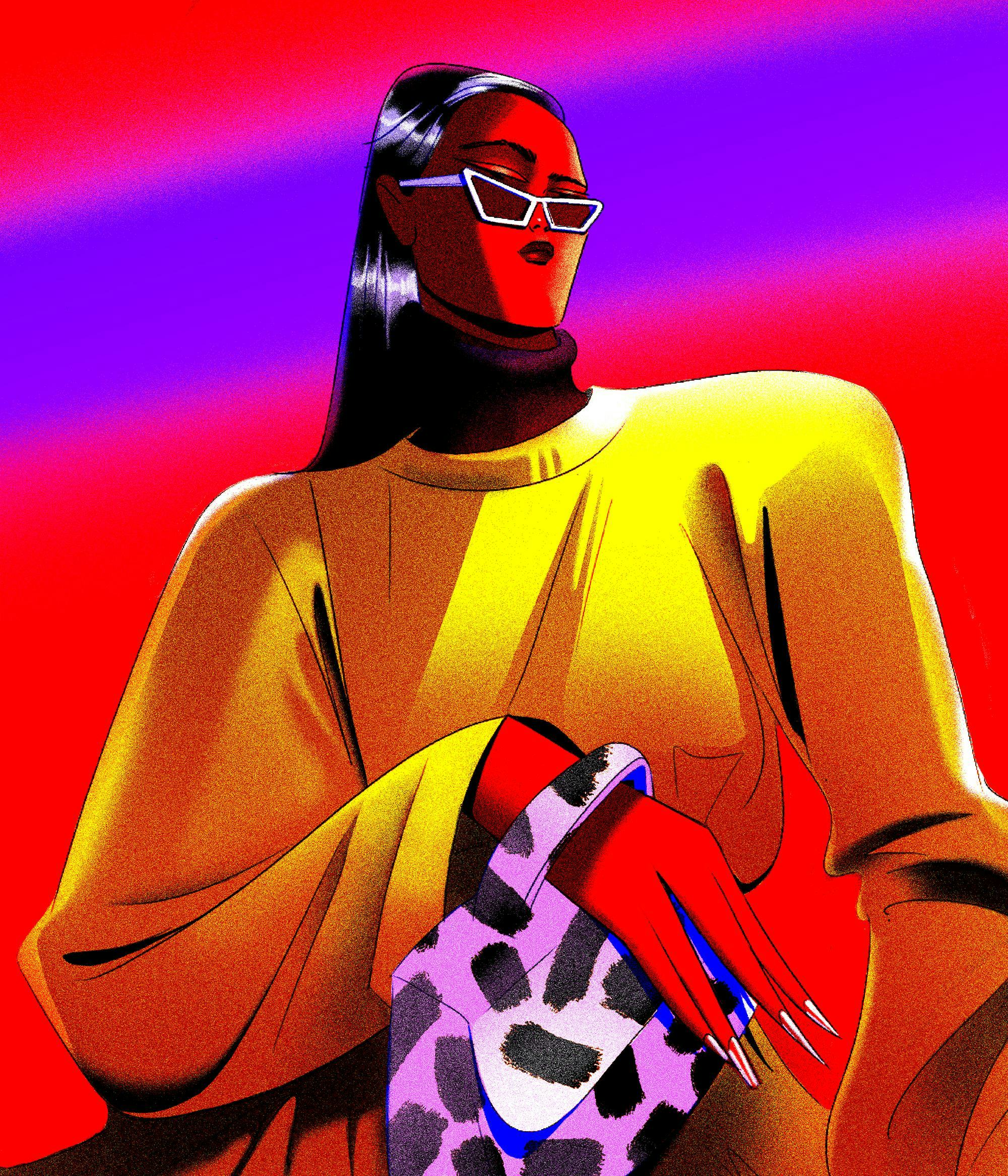 A Simone Noronha illustration of a woman with a handbag