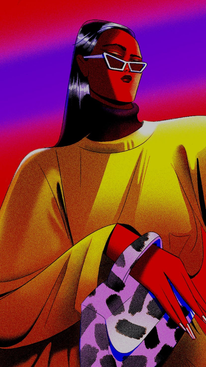 A Simone Noronha illustration of a woman with a handbag