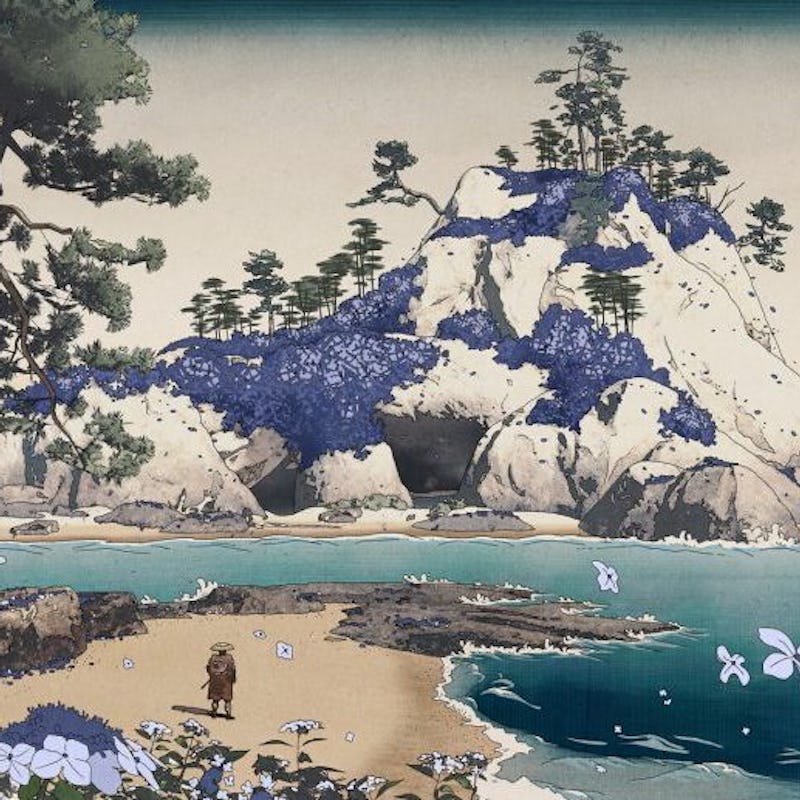 The concept art that inspired Ghost of Tsushima with a lake, hill and trees