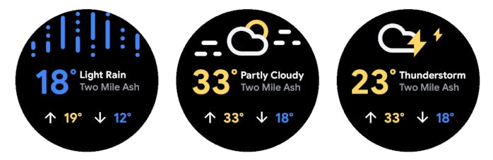 A screenshot of the updated Wear OS weather app