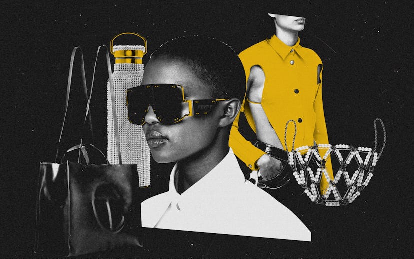 A girl in Fenty Blockit Mask Sunglasses, with the Collina Strada Rhinestone Water Bottle and    the ...