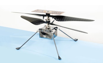 A flight model of Ingenuity. The Helicopter will have to rely on the solar panel on top for charging...