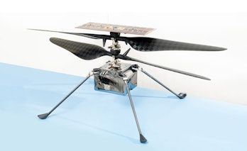 A flight model of Ingenuity. The Helicopter will have to rely on the solar panel on top for charging once it reaches Mars.