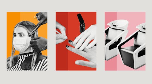 Collage of a hairdresser doing a hairstyle of a lady, a woman getting her nails drawn, and two chair...