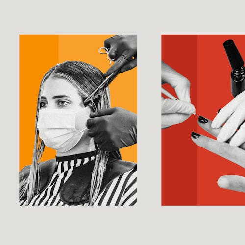 Collage of a hairdresser doing a hairstyle of a lady, a woman getting her nails drawn, and two chair...
