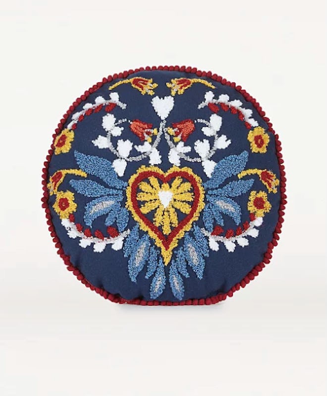 Navy Embroidered Floral Folk Round Cushion