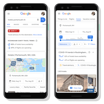 Two side-by-side screens show Google Maps with information relevant to COVID-19 on the screens. The ...