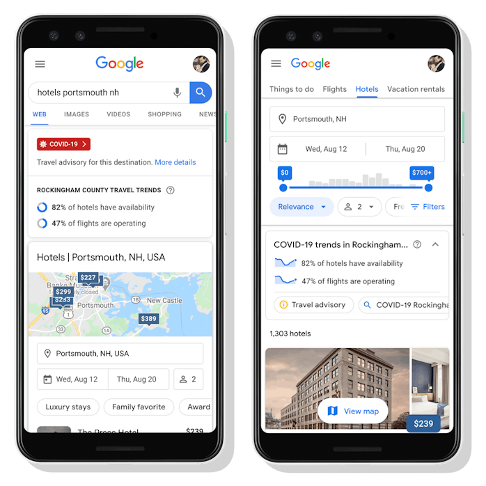 Two side-by-side screens show Google Maps with information relevant to COVID-19 on the screens. The ...