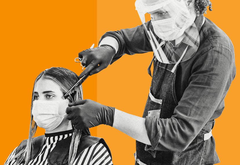A hairdresser with two masks doing a hairstyle to a woman with a face mask