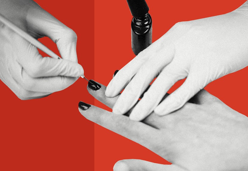 A lady getting her nails drawn in black on a red background