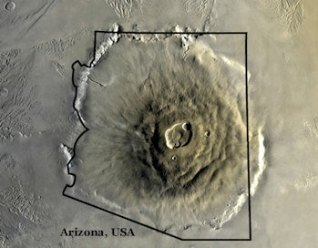 Olympus Mons, with the map of the state of Arizona for comparison. So far, NASA has only been able t...