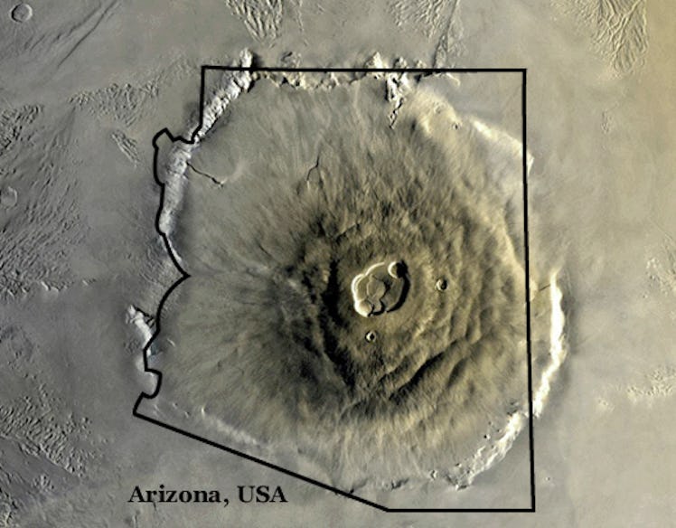 Olympus Mons, with the map of the state of Arizona for comparison. So far, NASA has only been able t...