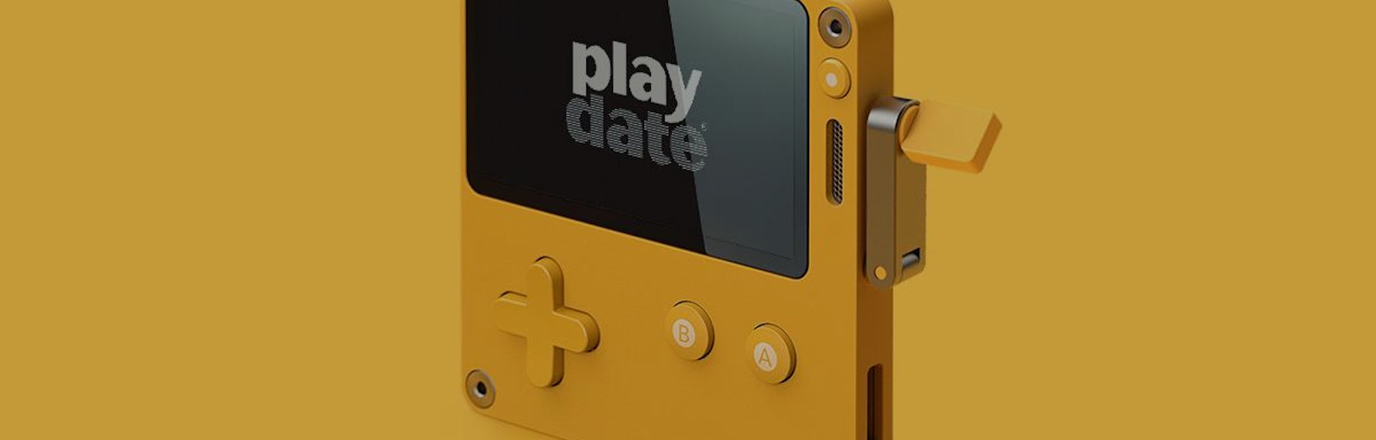 A photo of the Panic Playdate handheld game console.