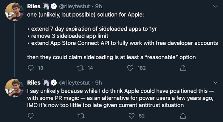 Tweets reading One (unlikely, but possible solution for Apple: Extend 7 day expiration of sideloaded...