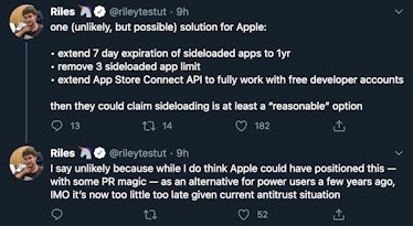 Tweets reading One (unlikely, but possible solution for Apple: Extend 7 day expiration of sideloaded...