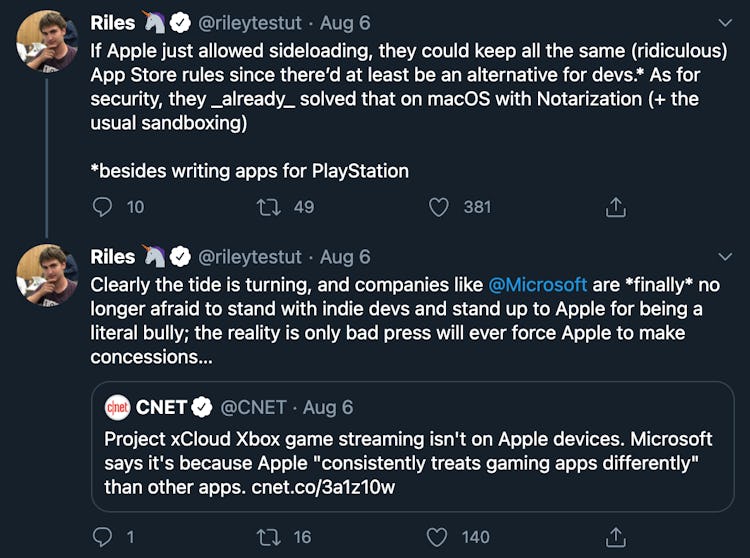 Riley Testut tweeting "If Apple just allowed sideloading, they could keep all the same (ridiculous) ...